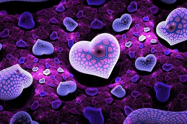 Corazones rosados sobre fondo púrpura