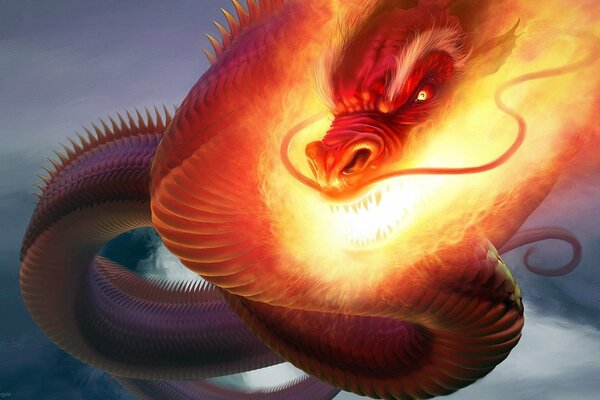 La llama del dragón volando en el cielo