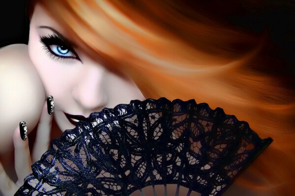 Red-haired thing with a fan