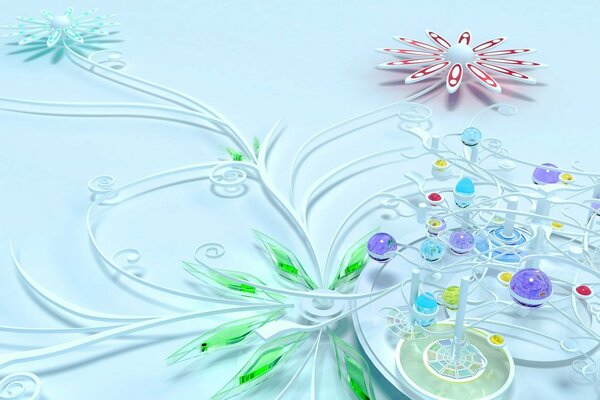 Panorama of crystal flowers on glass