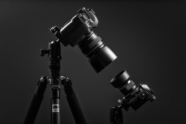 Two cameras on a black background are facing each other