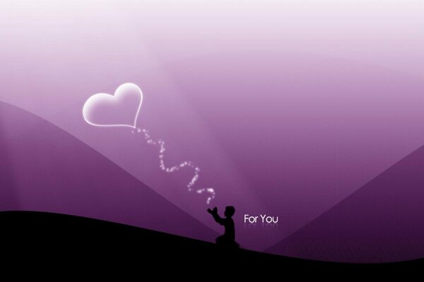 Silhouette d un garçon avec une boule de coeur sur un fond lilas-mauve
