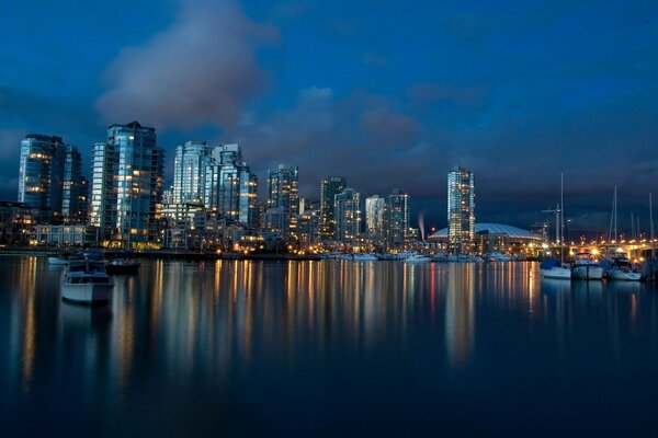 Beautiful view of the night city reflected in the water mirror