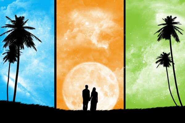 La silueta de una pareja de enamorados en el fondo de las tres estaciones del año