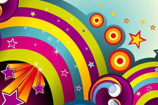 Children s collage of rainbows, stars and colored streaks