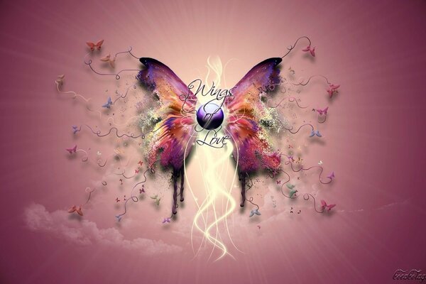 Delicate pink background with patterns and decorative butterfly of lilac-pink color
