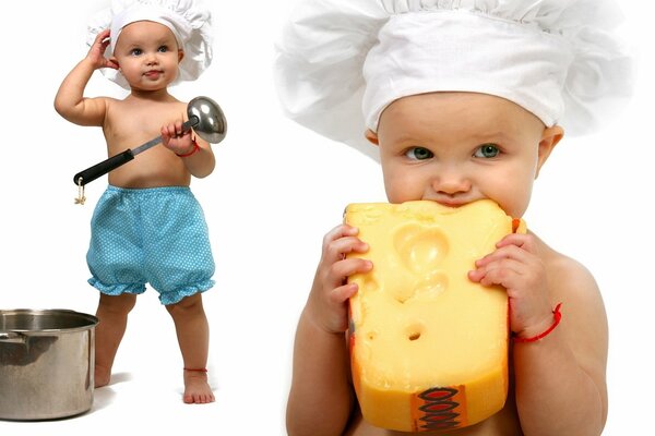 Small cooks - one with a piece of cheese, the second with a large saucepan and a ladle
