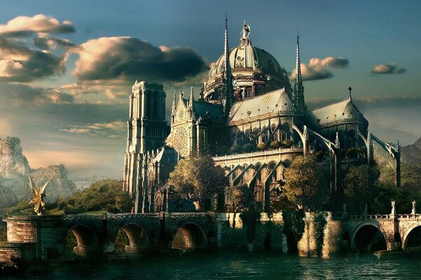 Landscape with a castle on the water, a beautiful bridge with trees