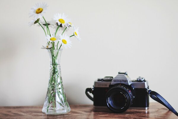 A classic camera in a lens with flowers