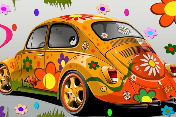 Background with a small car painted with bright colors, drawings of spring and summer