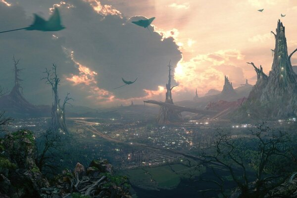 Una ciudad de cuento de hadas al atardecer