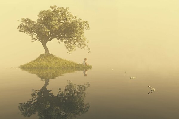 A girl sitting on a small island with a tree in the middle of a mysterious foggy lake