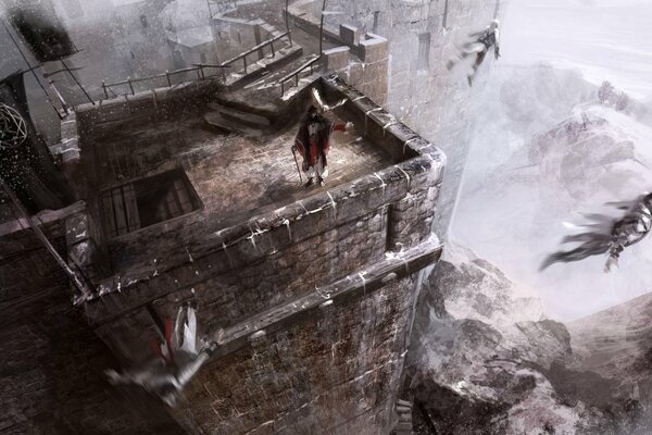 Leap of faith into the abyss from a stone tower