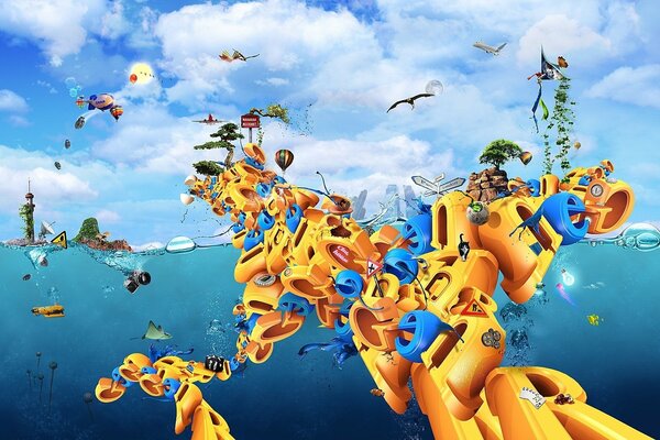 Sfondo divertente creativo con gioco di parole di lettere di colore giallo, acqua, cielo e nuvole