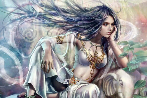 Oriental beauty with blue hair in thought