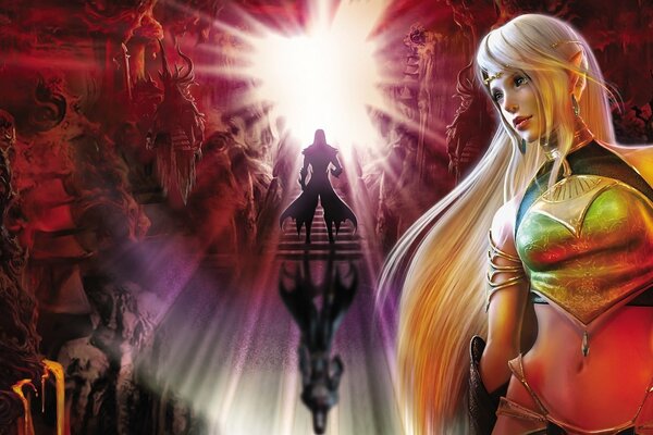 Blonde, fabelhafte Schönheit im Vordergrund des Schattens eines Kriegers