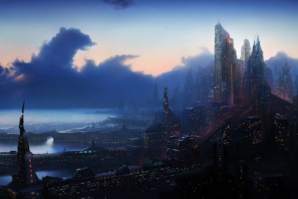 Nachtstadt und blaue Wolken