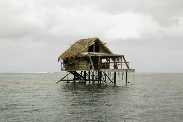 Ein Haus aus Stroh auf Stelzen mitten im Wasser