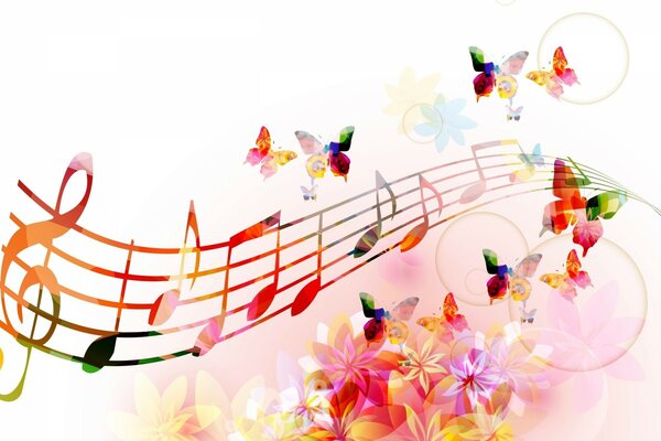 Partitura colorida con flores brillantes y mariposas