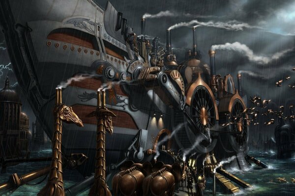 Fantastic ship and black smoke