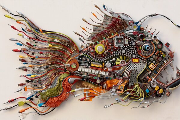 Pescado hecho de cables y piezas