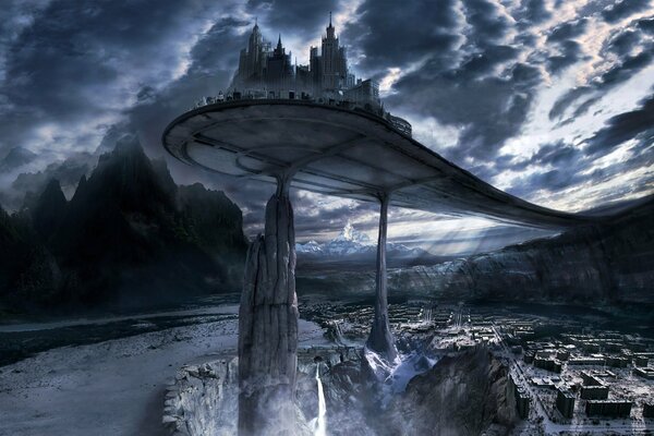A fantastic castle at a height, with mountains on the horizon