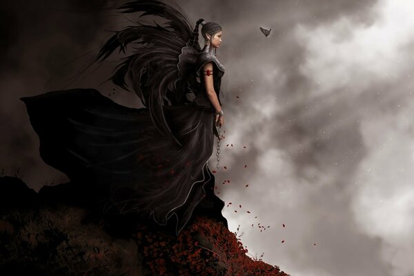 Fabulous dark-haired girl with feathers