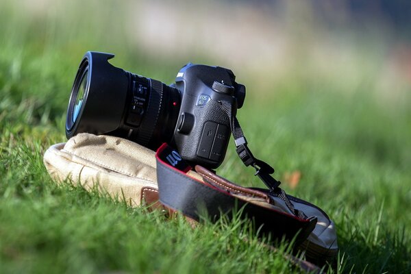 Appareil photo avec grand objectif sur l herbe