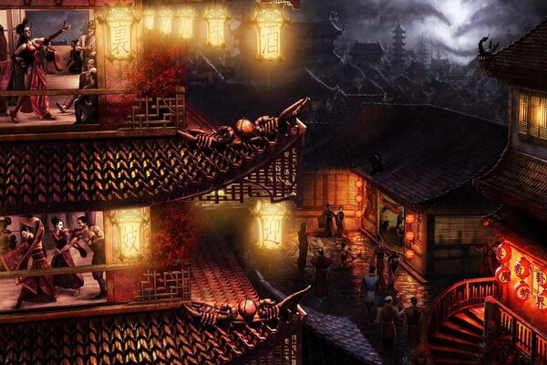 Evening city in the east. People in kimonos