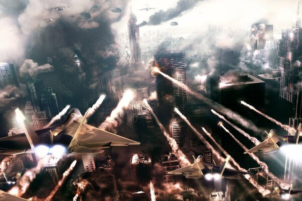 Kampfjets schießen in der Metropole