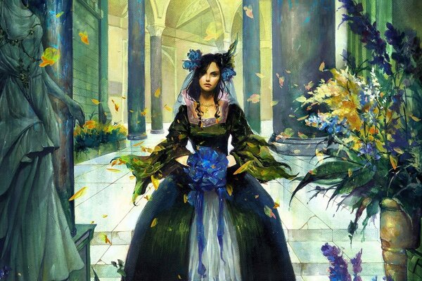 A fabulous girl in a dress with leaves and flowers
