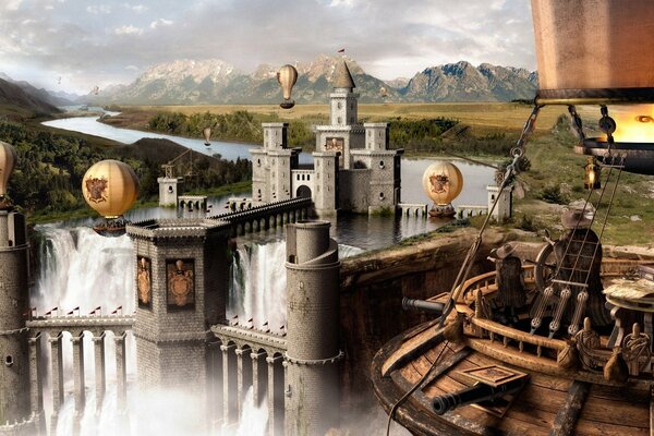Castillo con cascada y globos