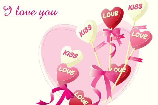A declaration of love in the form of hearts on a stick. Red-pink-white image of hearts on sticks