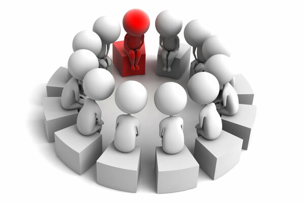 Little men sitting in a circle, one of them is red