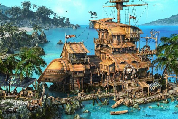 Pirate huge ship moored to the shore with palm trees