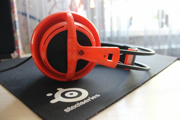 Macro photos of red wireless headphones