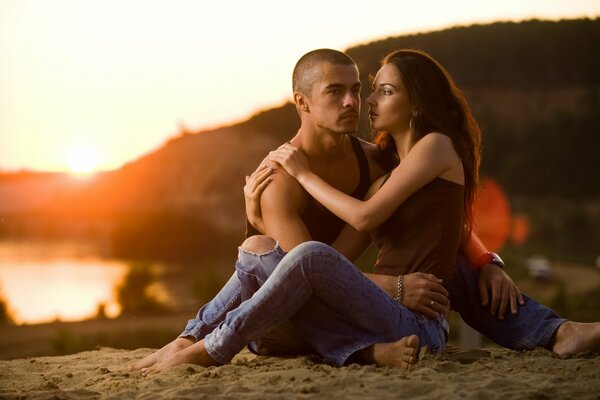 Lovers date on the lake shore