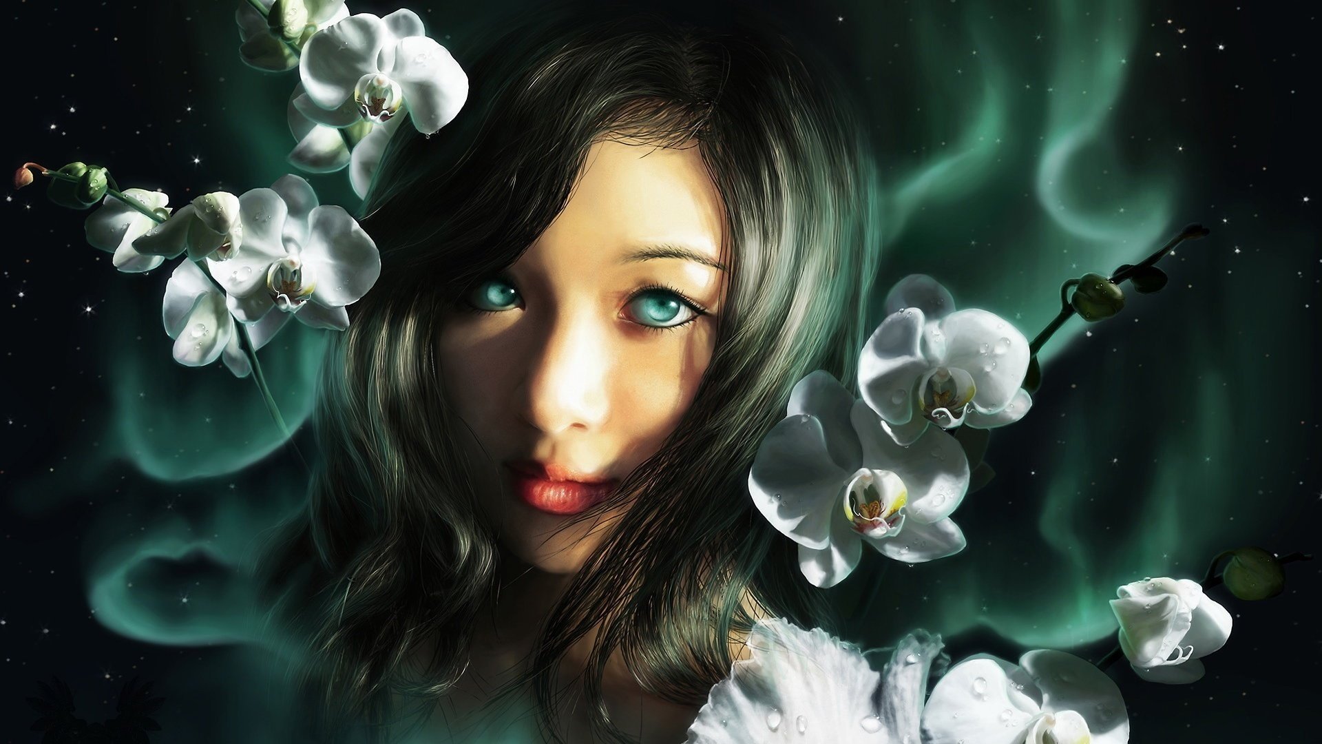 unknown beauty blue eyes dark hair orchids northern lights girl