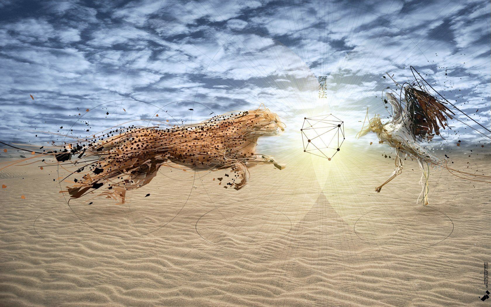 computer graphics tiger bird desert jump clouds the sky sand polygon creative