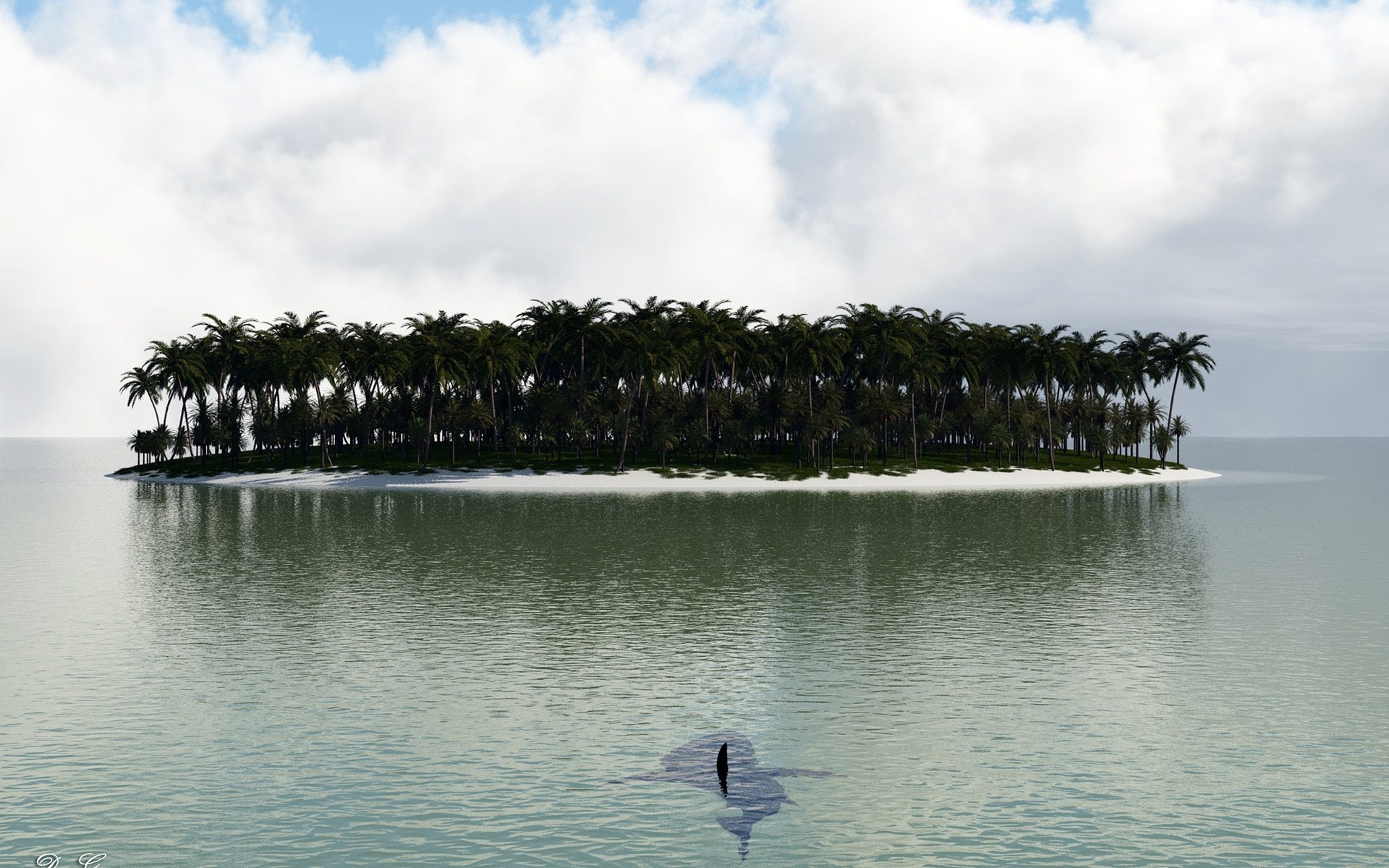 art palm island clouds sea fish