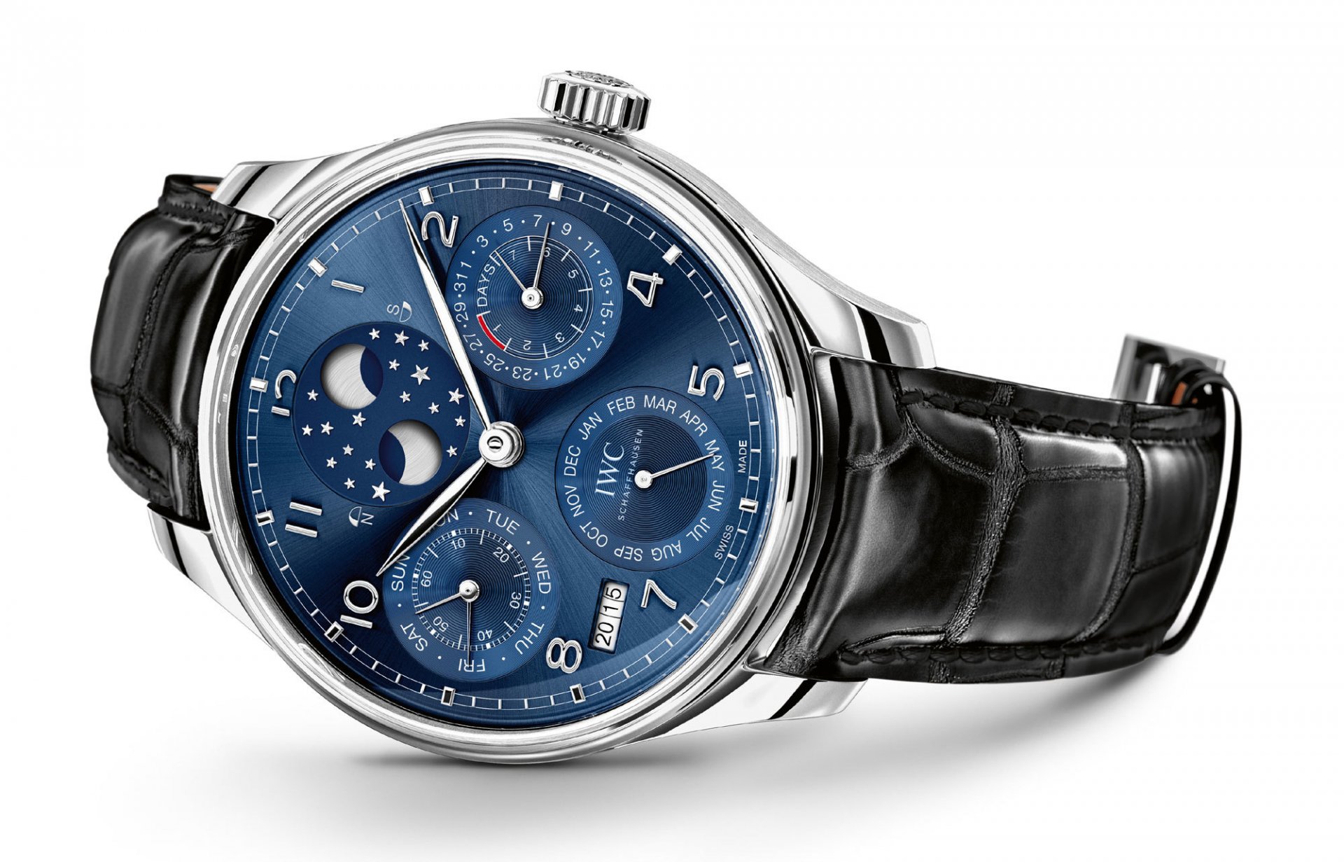 iwc portugiesischer ewiger kalender uhr blau