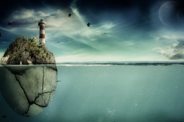 Foto del faro en el mar en las rocas