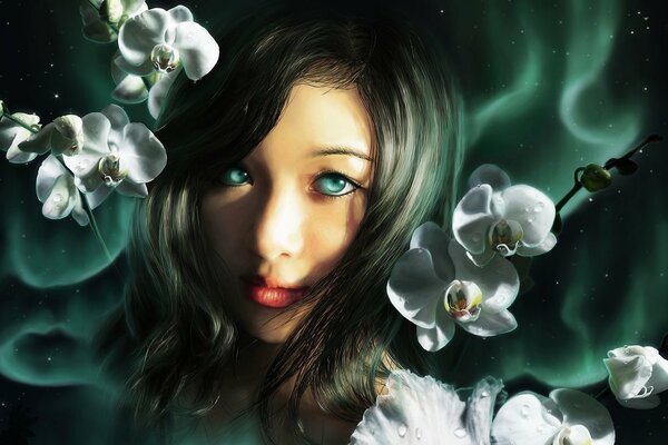 Drawing of a beautiful girl with white orchids