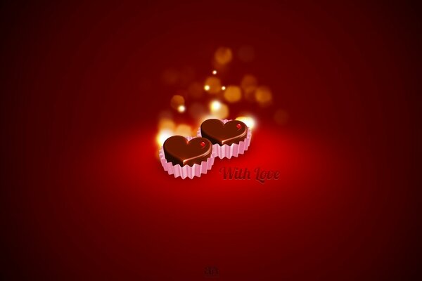 Romantic chocolate hearts on a red background