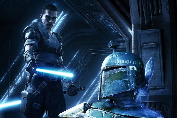 Space fiction. A fighter with a lightsaber at a defeated opponent