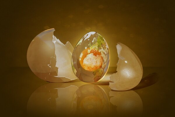 An image of a split egg in which the yolk is depicted as the planet earth