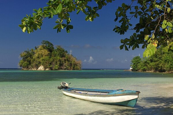 A boat on clear sea water near the shore against a background of blue sky and green vegetation