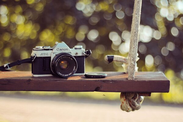 The Canon camera is lying on a swing