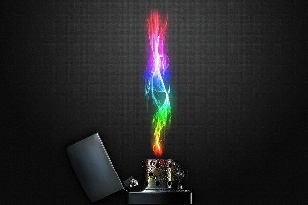 On a black background, a fire with a rainbow palette is knocked out of the lighter