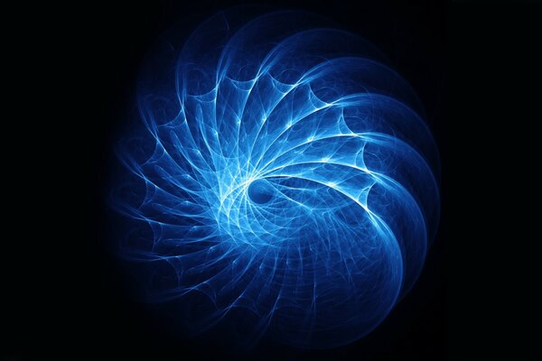 On a black background, blue circles emit light in a spiral